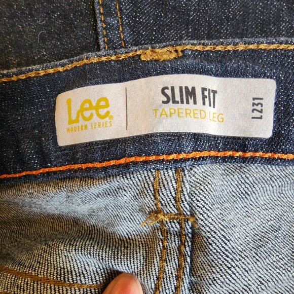 Lee Slim Fit Jeans Tapered Leg Men 38x30 Blue Denim Dark Wash Stretch 5-Pocket - Picture 10 of 12